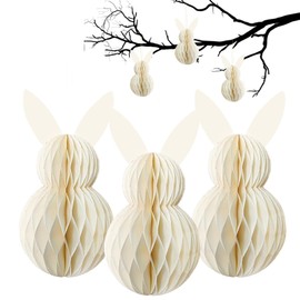 LUMOOM Pack of 3 Easter Decoration Honeycomb Balls, Easter Bunny Paper Foldable, Honeycomb Bunny Made of Tissue Paper, Hanging Easter Bunnies for Outdoors, Reusable Easter Decoration (White)