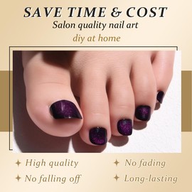 evpct Dark Purple Cat Eye Press on Toenails for Women, Glossy Glitter Fake Toe Nails Women Girls Gift, Soft Gel Press Glue On Toenail with Glue Perfectly Fit Full Cover Reusable Cateye Fake Toenails