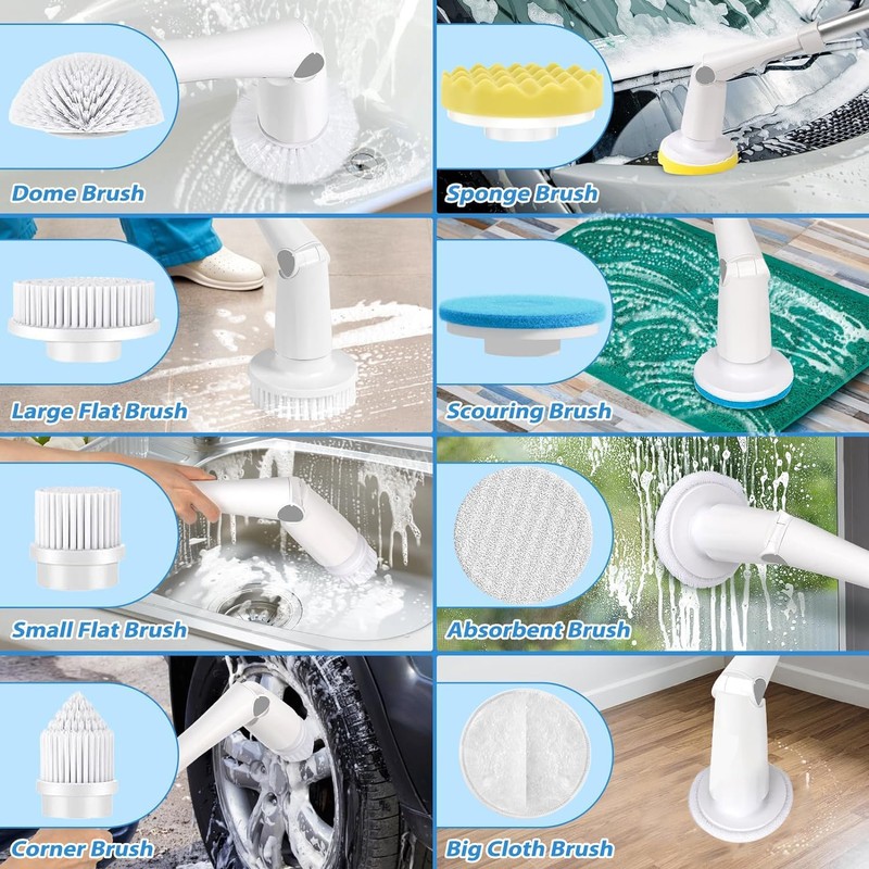 Electric Spin Scrubber, Cordless Cleaning Brush with 8 Replaceable Cleaner