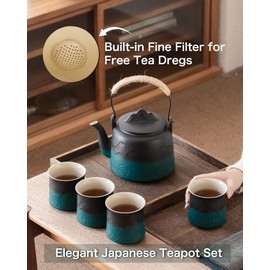 ZENS Vintage Japanese Tea Set, Gradient Embossed Ceramic Japanese Teapot with 4 Teacups, Hemp Rope Handle 33.8 oz Loose Leaf Teapot with Built-in Strainer for Tea Steeper Gifts, Black & Green