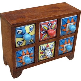 GURU SHOP Apothecary Cabinet with Colourful Ceramic Drawers, Spice Box, 3 x 2 Compartments, Model 2, Brown, 16 x 22 x 8 cm, Tins, Boxes & Boxes