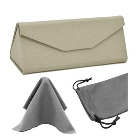 Foldable Eyeglass Case, PU Leather Glasses Case Portable Lightweight Sunglasses Storage Triangular Fold Case Eyewear Protector Box with Bag & 1pcs Cleaning Cloth for Men Women Youth Kids (Beige)