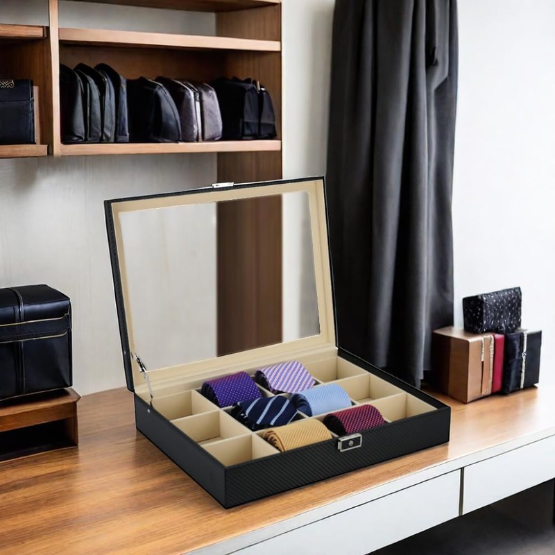 Tie Display Case for 12 Ties, Belts, and Men's Accessories