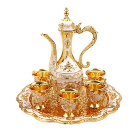 Turkish Tea Set, Vintage Turkish Coffee Set with Pot, Tray and 6 Cups, Turkish Coffee Cup Set for Birthday Home Decor, Tea Steeping (Gold, White)