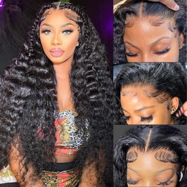 SICNPRW 28 Inch Deep Wave 13x6 Lace Front Wigs Human Hair Pre Plucked Natural Color Deep Curly Human Hair Wig 200% Density 13x6 HD Lace Frontal Glueless Wigs Human Hair with Baby Hair for Women