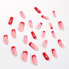 Christmas Press On Medium Square False Nails with French Shiny Snowflake Design White Strip Acrylic Winter Stick On Glossy Red Gel Glue Fake Nails for Women