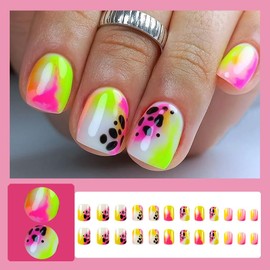 24 Pcs Multicolor Ombre Press on Nails Extra Short Square,LINMEIZAI French Fake Nails Press ons Nail Tips Glue on Nails Full Cover Acrylic Nail Kit False Nails with Leopard Nail Art Design for Women