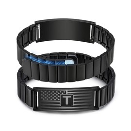 FLHEART Initials Bracelets for Men, American Flag A-Z Capital Letters Stainless Steel Adjustable Bracelet Jewelry Gifts for Men Son Grandson Brother Dad Husband