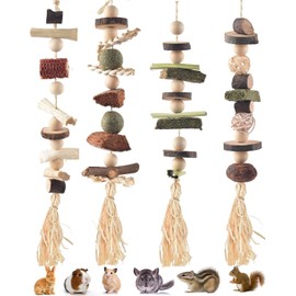 DBNESS 4 Pcs Bunny Chew Toys for Teeth, Hanging Rabbit Chewing Toy Treats with Timothy Grass & Natural Apple Wood, Improve Small Rodent Dental Health for Guinea Pig Hamster Chinchilla Rat Gerbil