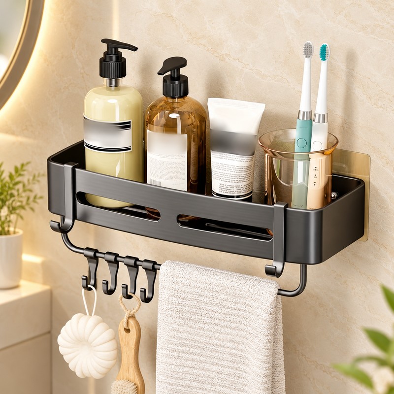 Aluminum Shower Caddy for Bathroom Storage – No-Drill Wall-Mounted Organizer