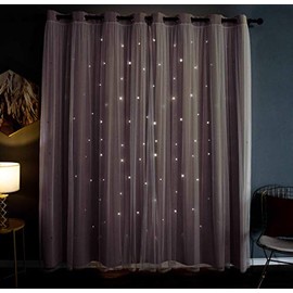 Kinryb Tulle Overlay Star Cut Out Blackout Curtains - Stainless Steel Grommet Top - Pink - 52" W x 63" L (Set of 2 Panels)