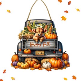 Hello Fall Harvest Sign Highland Cow Wooden Truck Door Hanging Decor Halloween Pumpkins Autumn Decoration Happy Thanksgiving Table Decor for Home,Farmhouse,Office,Garden