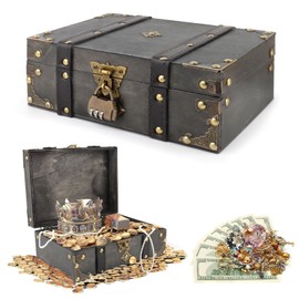 TOSAVGA Vintage Wooden Treasure Chest, Storage Treasure Chest Wood with Lock, Children's Treasure Chest, Treasure Chest Children's Birthday, 24 x 16 x 10 cm Treasure Chest for Storage Decoration