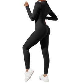DOULAFASS Zip Full Body Jumpsuit Women's Long Sleeve Yoga One-Piece Sports Romper Ribbed All In One Bodycon Jumpsuit, #1 Black