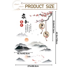 Buiory Removable 3D Chinese Style Landscape Mountain Water Wall Decals Chinese Characters Family and Peace with Plum Flower Tree Branches Wall Murals for Bedroom Living Room TV Sofa Background