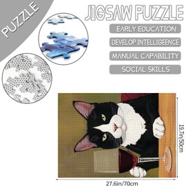 Black and White Cat Drinking Wine Puzzles for Adults 1000 Pieces,Red Wine Glass Jigsaw Puzzle 20x27 Inches Colorful Kitten Puzzles Family Puzzle Perfect for Game Nights Home Wall Decor