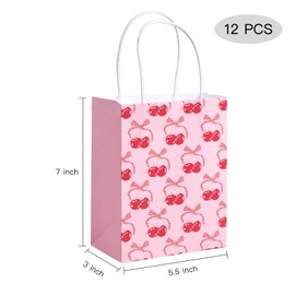 WRAPAHOLIC 12 Pack 7" Small Kraft Cherry Bow Gift Bags - Coquette Cherry Bow Pink Gift Bags for Girls Birthday, Baby Shower, Wedding, Bridal Shower