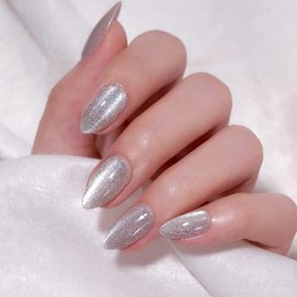 JUSTOTRY Pack of 24 Glitter Plain Nails for Sticking, Short, Silver Almond Press On Nails Pattern, Glossy Oval Artificial Nails, Fake Nails, Medium, French Fingernails, Artificial Nails for Women