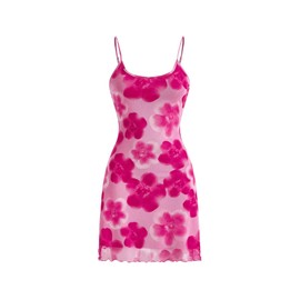 Verdusa Women's Floral Mesh Mini Cami Dress Sleeveless Scoop Neck Lettuce Trim Bodycon Dress Pink Large