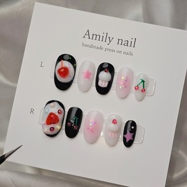 Cherry Cupcake [Handmade Nail Tip] Emily Nail - Short Square / 체리컵케익 [수제네일팁] 에밀리네일 - 숏스퀘어