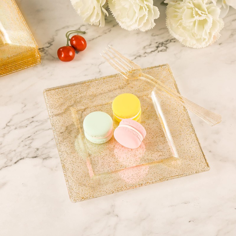 Conflech 200 Pieces Glitter Gold Plates with Plastic Forks, Gold