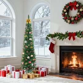 5FT Pre-Lit Pencil Christmas Tree with 300 LED Lights, Artificial Christmas Tree with Metal Stand, for Home Office Party Decoration, Green
