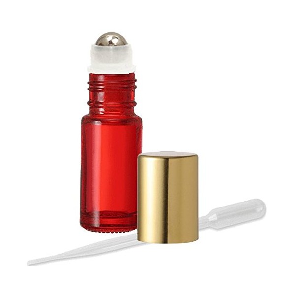 Grand Parfums Aromatherapy 6 Glass Roll on Bottles, Red Glass, Stainless Steel Rollerballs & Gold Metallic Caps 4ml, 1/8 Oz Dram Bottles for Fragrance, Aromatherapy, Essential Oils, Lip Gloss/Balm