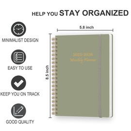 Monthly Planner 2025-2026 – Monthly Calendar from July 2025 to December 2026, 18 Month Planner with Spiral Binding, Inner Pocket, Elastic Closure, 5.8" x 8.5", Green