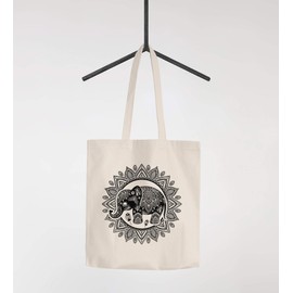Autiga® Jute Bag Elephant Mandala Boho Bohamian Ethnic Tribal Ornament Cotton Bag Fabric Bag Shopping Bag Natural 2 Long Handles
