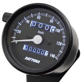 Daytona Motorcycle Mechanical Speedometer, Black Body/Black Panel/White LED, φ60, 140 km/h Display, 15621