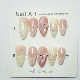 Cream White Press on Nails Luxury Handmade Medium Almond Fake Nails with Glue,Muti-Layer Gel Thick Press ons Nail Pearl ＆ Flower Art Design Reusable Acrylic False Nails for Women(Size S)