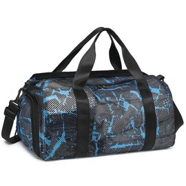 CAMTOP Mesh Travel Duffle Bag for Kid Small Overnight Weekender Sleepover Bags Carry On Dance Sport Bag with Shoe & Wet Compartment for Swim Beach Camp Travel, Graffiti Blue, Duffle Bag With Shoe