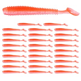 TIXIPEM 2.56" T-Tail Soft Fishing Lures [30-Pack] - Paddle Tail Swim Bait for Bass Trout in Saltwater & Freshwater - Rigged with 2 & 1/0 Hooks - Orange & Durable ABS Plastic