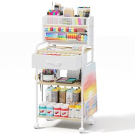 Homsorout Art cart, 3 Tier Rolling Cart - Utility Cart with Storage Drawer and Wheels, Versatile Art & Craft Organizer for Home, Office, or Studio Ideal for Storing Brushes, Paints （ White）