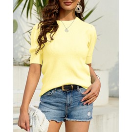 Bodosalia Womens Puff Short Sleeve Sweater Casual Summer Crew Neck Pullover Tops Ribbed Knit Sweater Blouse Yellow