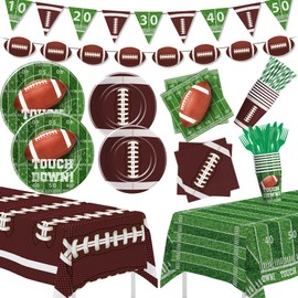 FVABO Football Party Decorations And Supplies, Football Decorations Tableware, Paper Plate, Napkin, Cup, Cutlery, Tablecloth, Banner, Football Birthday Table Decorations, Serves 24