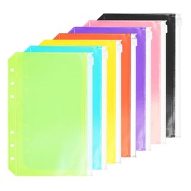 7 Pack A5 6 Holes Binder Pockets Plastic Binder Zipper Folders Waterproof 6 Holes Zipper Loose Leaf Bags Zip Lock Envelope for Documents Notebooks Cards (7 Color Zip Pocket, A5)