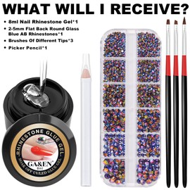 1PC 8ml Wipe-Off Nail Art Rhinestone Glue Gel Adhesive + 1 Box 2-5mm Flat Back Round Glass Blue AB Rhinestones + 3PCS Glue Brush + 1PC Pickup Pencil