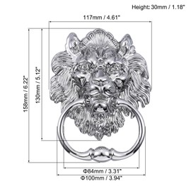 sourcing map 2 Pcs Lion Head Pulls Knob, 6 Inch Zinc Alloy Vintage Lion Door Handle Decorative Front Door Knob Ring Pull Handle for Gate Cabinets Drawers, Silver