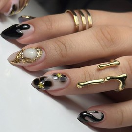 24Pcs Black French Press on Nails Medium Almond Fake Nails with 3D Starfish Designs Summer Flower False Nails Full Cover Stick on Nails Ocean Beach Acrylic Nails Gold Lines Glue on Nails for Women