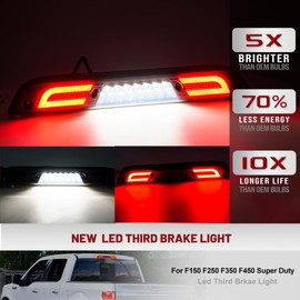 Led Third Brake Light for 15-20 F'ord F150 17-22 F250 F350 Super Duty Ranger Maverick Rear Center High Mount Stop Lamp CHMSL White Cargo lamp Strobe Feature 3rd Brake Replacement Smoked Lens