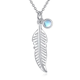 VONALA Feather Necklace 925 Sterling Silver Moonstone Pendant Jewelry for Women
