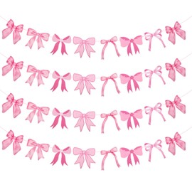 4pcs Bow Garland Banner, Pre-Strung Pink Bow Garland Banner Bow Party Decor for Girls Princess Birthday Banner Baby Shower Decorations