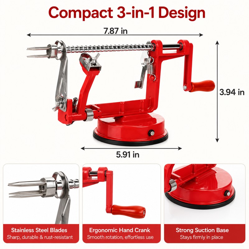Apple Peeler Slicer for Kitchen Use - 3-in-1 Manual Fruit