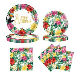Hawaiian Plates and Napkins Tropical Luau Party Supplies - Palm Leaf and Hibiscus Disposable Tableware Set for Hawaiian Tropical themed Party Serve for 24 Guests