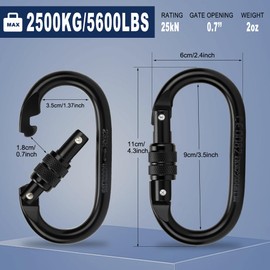 Kvittra Auto Locking Carabiner Heavy Duty Carabiner, Carabiner Clips(25KN=5600 lbs), Large Carabiner Clip for Keychains,Hammock,Camping, Gym, Hiking, Outdoor,Dog Leash (Black 2 Pcs)