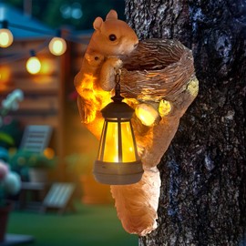 YEPOTUE Garden Decor Squirrel Tree Hugger, Outdoor Statue with Solar Powered Lantern for Outside Porch Patio Wall Tree Fence, Housewarming Gifts for Women Mom Garden Lovers