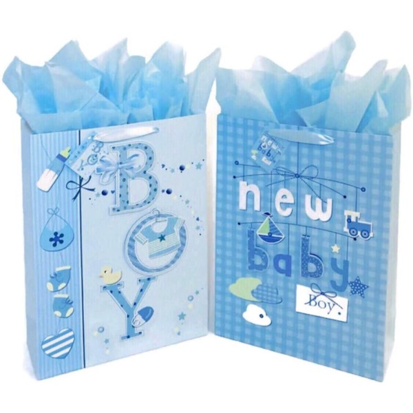 16.5" Extra Large Baby Shower Gift Bags (Glitter Pop-up Design Picture) with Tissue Papers/Handles and Tags for Baby Boy 2-Pack (Blue)