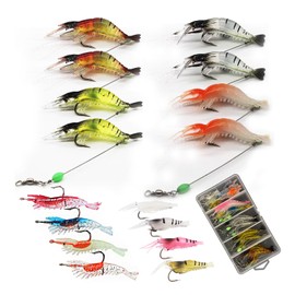 WOLFSKIN Fishing Lure Kit Soft Fishing Bait Set 3.6in Plastic Shrimp Multiple Sizes with Hook Night Light Jumping Lure for Bass Trout Walleye Crappie Freshwater Saltwater