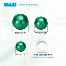PATIKIL 150 Pieces Floating Beads, 8/14/20mm Vase Fillers Beads Vase Centerpieces Floating Pearl Bead No Hole and 8000Pcs Clear Water Gel Bead for Vase Decoration, Green